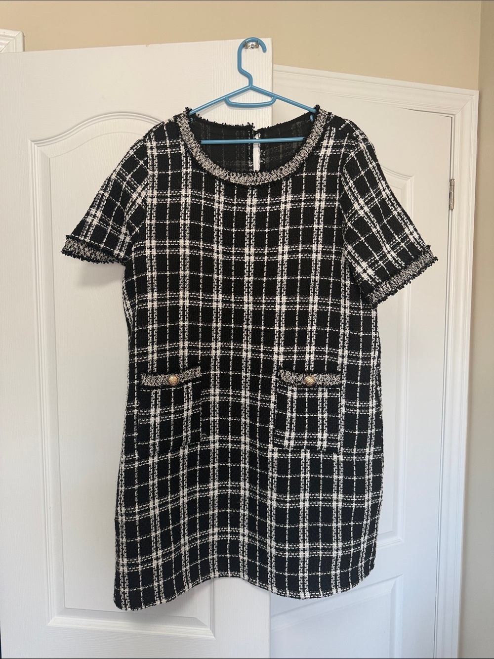Black & White Plaid Shift Dress with Pocket Detail
